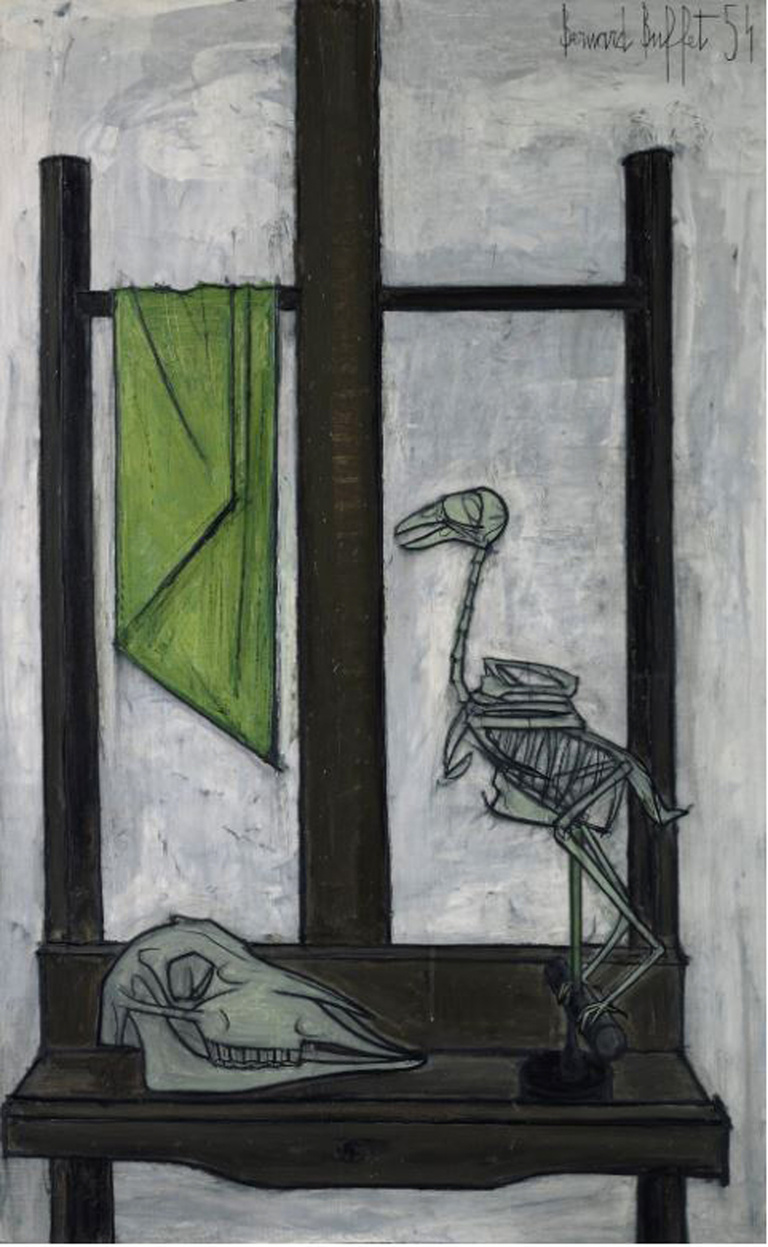 Bernard Buffet Official - Crâne et squelette d'oiseau sur un chevalet, 1954, 116 x 73 cm