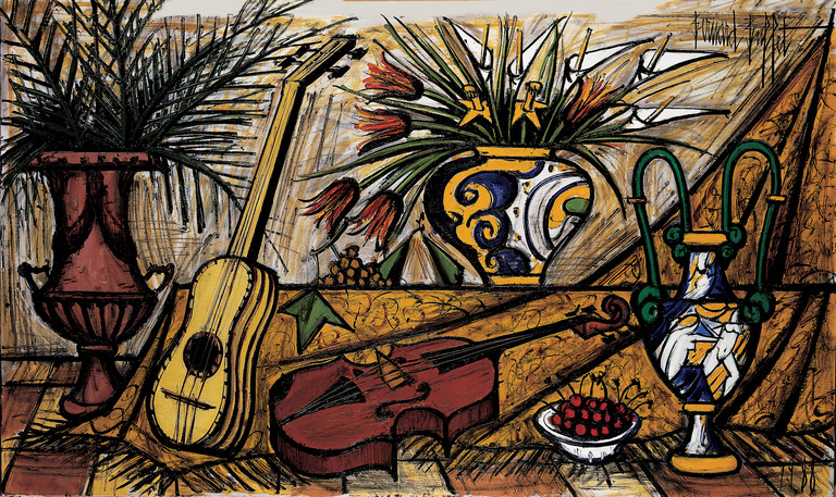 Bernard Buffet Official - Instruments de musique et majoliques, 1988, 114 x 195 cm