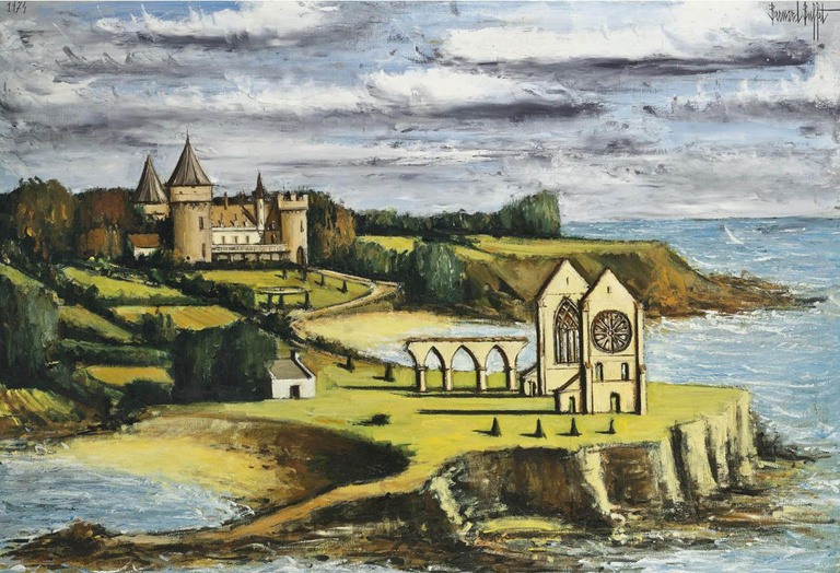 Bernard Buffet Official - Hommage à Walter Scott, 1974, 89 x 130 cm (le tableau représente un château au Royaume-Uni)