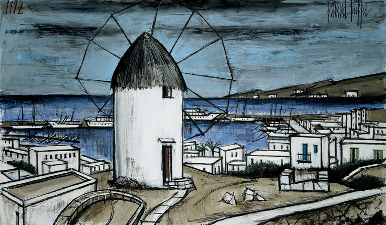 Bernard Buffet Officiel - Vue de Mykonos avec un moulin, 1992, 114 x 195 cm