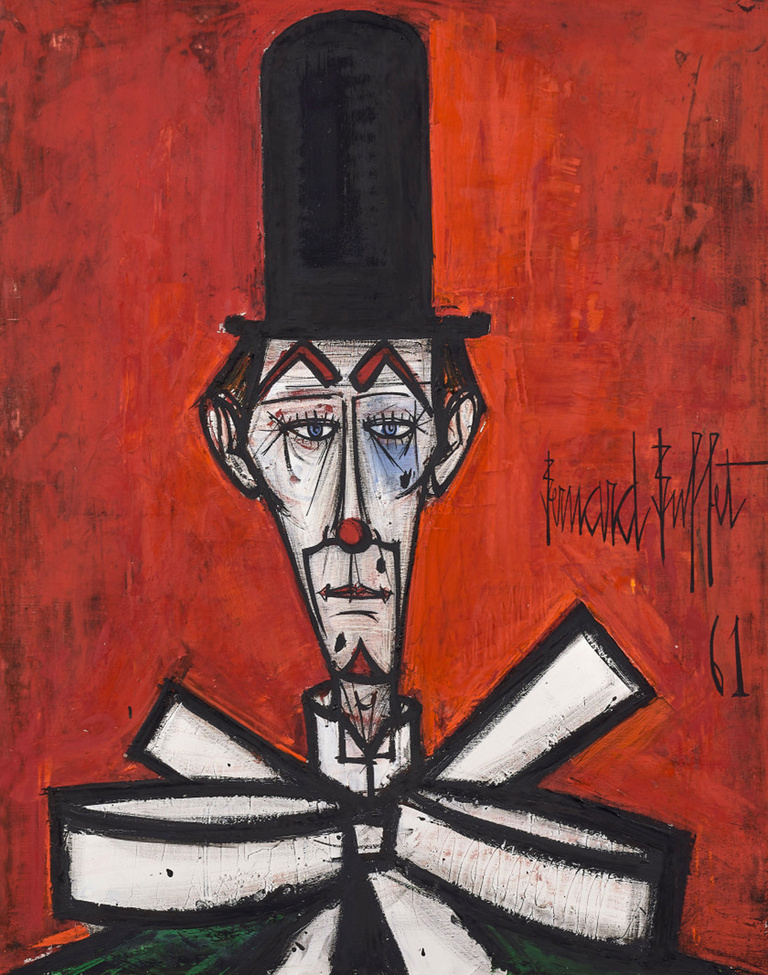 Bernard Buffet Officiel - Tête de clown (haut-de-forme sur fond rouge), 1961, 100 x 80 cm