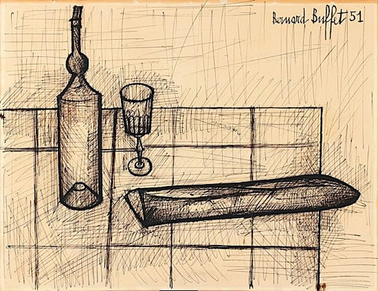 Bernard Buffet Officiel - Nature morte à la bouteille au verre et à la baguette de pain, encre de Chine sur papier,  1951, 50 x 65 cm