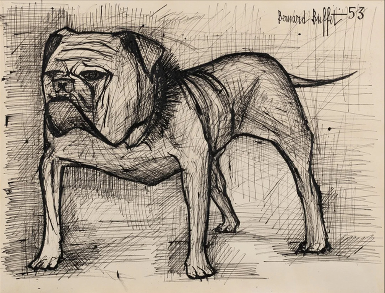 Bernard Buffet Officiel -  Le bestiaire: le bulldog, encre de Chine sur papier, 50 x 65 cm