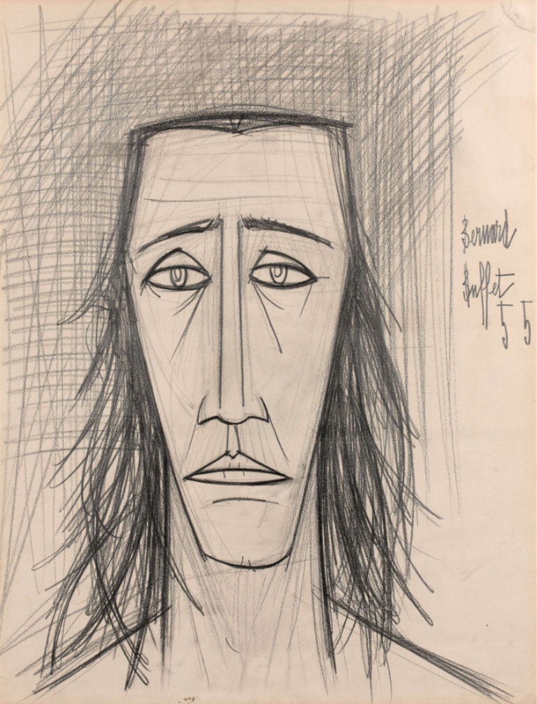 Bernard Buffet Officiel - Tête de femme, crayon sur papier, 65 x 51 cm