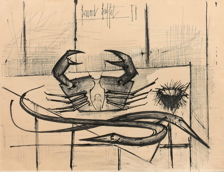 Bernard Buffet Officiel -  Nature morte au crabe, encre de Chine sur papier, 50 x 65 cm